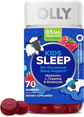 Kids Sleep Gummy – Suporte ocasional ao sono, 0,5mg Melatonina, L Teanina, Extratos de Camomila e Melissa, Suplemento mastigável infantil, Sabor Framboesa – 70 unidades - OLLY