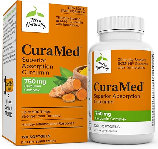 CuraMed 750 mg Complexo de Curcumina – 120 Softgels – Absorção Superior BCM-95 – Não-OGM, Sem Glúten, Halal – 120 Porções - Terry Naturally