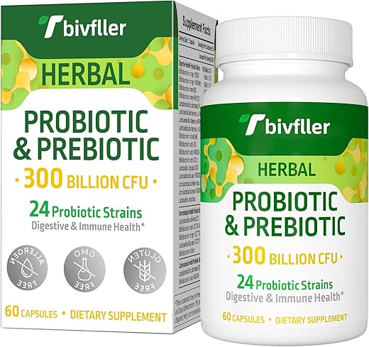 Tbivfller - Probióticos para Mulheres e Homens – 300 Bilhões UFC, 24 Cepas Probióticas 15 Ervas Orgânicas Blend Prebióticos, Pre e Probióticos, Saúde Digestiva, Imunidade