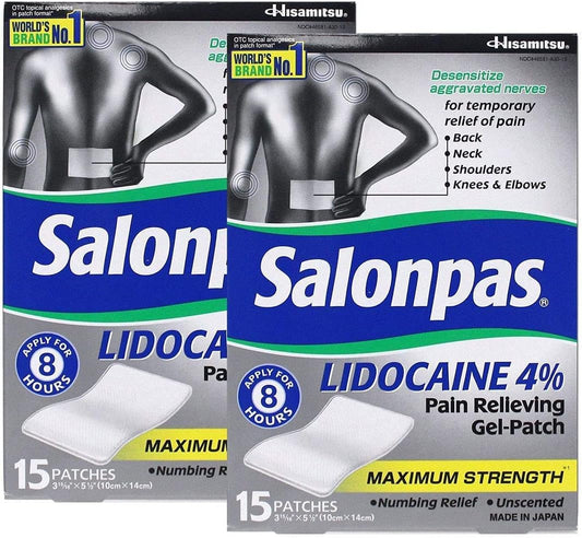 LIDOCAINE Gel Patch – Alívio Máximo da Dor (2 Pacotes com 15 Adesivos) – Marca Salonpas - Salonpas