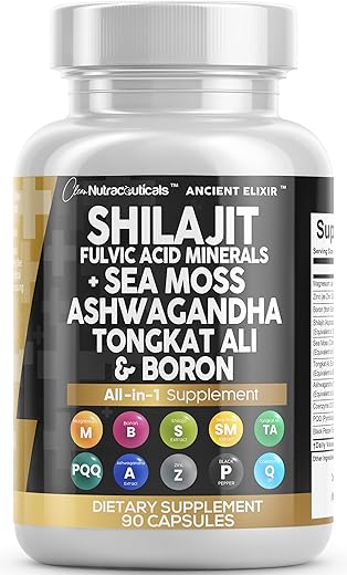 Clean Nutraceuticals - Shilajit 10.000mg com Sea Moss 6000mg, Ashwagandha 6000mg, Tongkat Ali, Boro, Magnésio – Cápsulas de Ácido Fúlvico para Homens – 90 Unidades