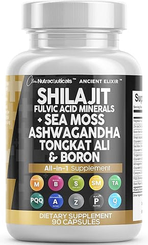 Clean Nutraceuticals - Shilajit 10.000mg com Sea Moss 6000mg, Ashwagandha 6000mg, Tongkat Ali, Boro, Magnésio – Cápsulas de Ácido Fúlvico para Homens – 90 Unidades