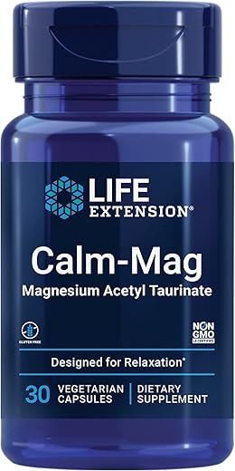 Suplemento de Magnésio Acetil Taurinato Calm-Mag da Life Extension – Forma Bioativa para Relaxamento e Controle do Estresse – Sem Glúten, Não-OGM, Vegetariano – 30 Cápsulas