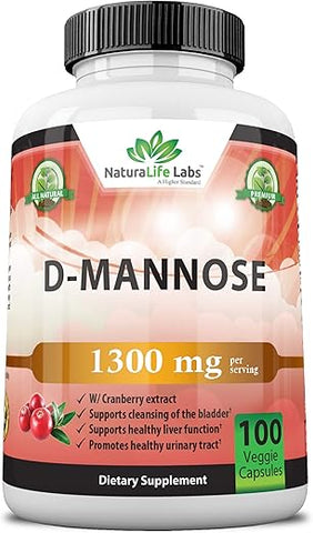 NaturaLife Labs A Higher Standard - D-Mannose 1,300 mg com Extrato de Cranberry – Ação Rápida, Elimina Impurezas, Saúde do Trato Urinário – 100 Cápsulas Vegetarianas