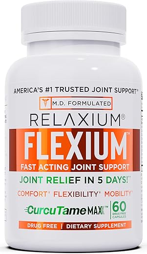Flexium – Suporte Rápido às Articulações, Livre de Medicamentos, com Mistura CurcuTame, Promove Flexibilidade e Função Articular, 60 Cápsulas - Relaxium