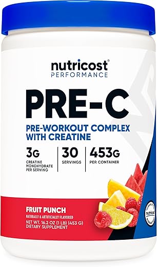 Pre-C Complexo Pré-Treino com Creatina (Sabor Frutas Vermelhas | 30 Porções) Pó – Potencialize sua Rotina de Fitness, 453g - Nutricost