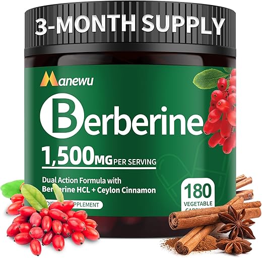 Manewu - Suplemento de Berberina de Alta Potência 1500mg – Complexo Natural de Berberina com Canela do Ceilão e Bergamota Cítrica