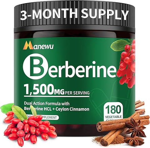 Manewu - Suplemento de Berberina de Alta Potência 1500mg – Complexo Natural de Berberina com Canela do Ceilão e Bergamota Cítrica