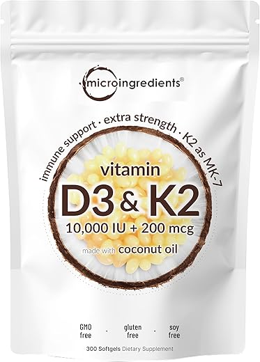Micro Ingredients - Vitamina D3 10000 UI Plus K2 (MK-7) 200 mcg, 300 Softgels de Óleo de Coco Virgem | 2 em 1 Vitaminas D