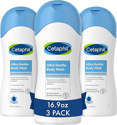 Ultra Gentle Body Wash Refrescante para Pele Seca a Normal, Sensível, Presentes para o Dia das Mães, Aloe Vera, Vitamina B5, Hipoalergênico, Testado por Dermatologistas, Sem Fragrância - Cetaphil