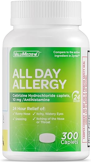 24-Hour Allergy Medicine (300-Count) | Antialérgico para Pólen, Rinite Alérgica, Olhos Secos e Coceira | Cetirizina HCl 10mg, Comparável ao Zyrtec - ValuMeds