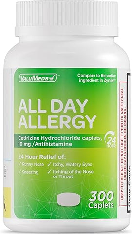 24-Hour Allergy Medicine (300-Count) | Antialérgico para Pólen, Rinite Alérgica, Olhos Secos e Coceira | Cetirizina HCl 10mg, Comparável ao Zyrtec - ValuMeds