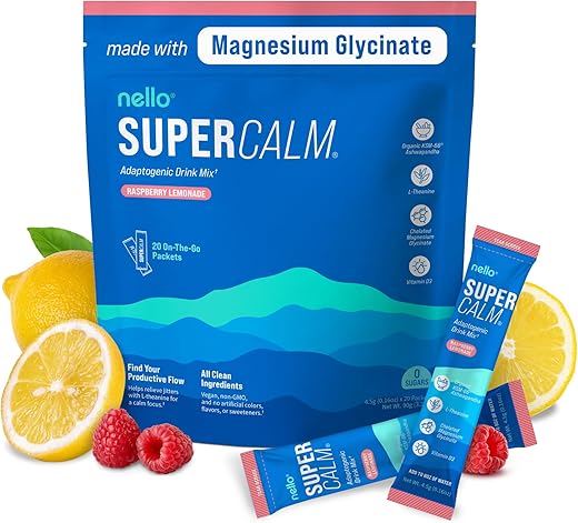 Supercalm: Pó para Bebida de Framboesa Limonada, L Teanina, Ksm-66 Ashwagandha, Glicinato de Magnésio, Vitamina D3 – Relaxamento e Bem-Estar - Nello