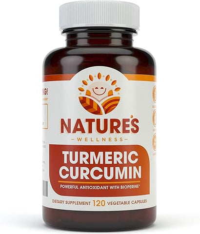 Natures Wellness - Curcumina Orgânica 1600mg com Bioperina e Pimenta Preta | Suporte Natural para Articulações | Alta Potência com 95% de Curcuminoides Padronizados | Livre de Glúten | 120 cápsulas