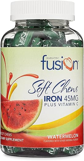 Iron Soft Chew com Vitamina C | Sabor Melancia | Vitamina Mastigável para Pacientes Bariátricos | Sem Glúten | Suplemento de Ferro para Mulheres e Homens | 60 Unidades | 200g - Bariatric Fusion