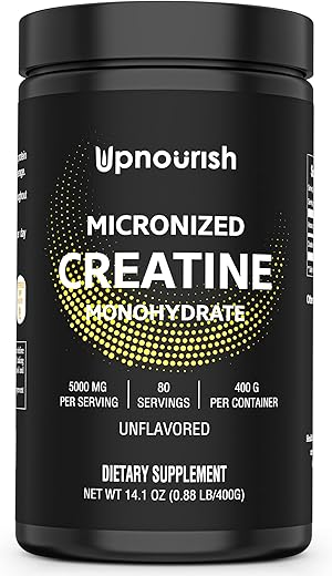 Creatina Monohidratada em Pó Micronizada 400g – Vegana sem Sabor para Pré-Treino, Construção Muscular Pura para Mulheres e Homens – Suplemento Instantâneo, 80 Porções 14.1096g - UpNourish