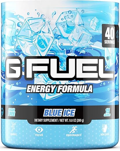 Blue Ice em Pó Energético, Sem Açúcar, Suplemento de Foco com Cafeína Limpa, Sabor Framboesa Azul, Aminoácidos de Foco, Vitaminas e Antioxidantes – 280g (40 Porções) - G Fuel