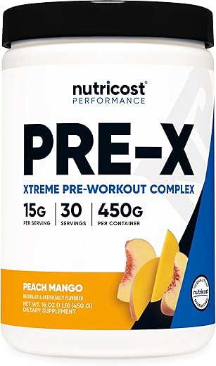 Pre-X Xtreme Pó Complexo Pré-Treino, Sabor Pêssego Manga, 30 Porções, Vegetariano, Não-OGM e Livre de Glúten - Nutricost