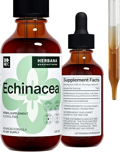 HERBANA MANUFACTURING - Echinacea Extrato Líquido 60ml – Raiz, Folha, Flor, Semente Orgânicos – Suplemento Herbal Natural – Suporte ao Corpo e Sistema Imunológico – Tintura de Alta Potência – 45 Dias de Fornecimento