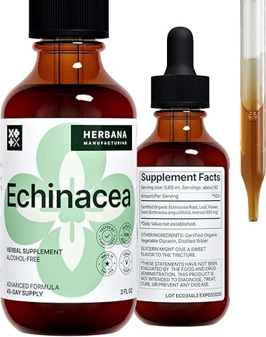 HERBANA MANUFACTURING - Echinacea Extrato Líquido 60ml – Raiz, Folha, Flor, Semente Orgânicos – Suplemento Herbal Natural – Suporte ao Corpo e Sistema Imunológico – Tintura de Alta Potência – 45 Dias de Fornecimento