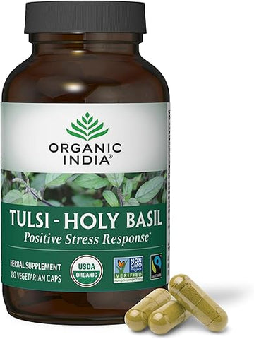 ORGANIC INDIA - Cápsulas de Tulsi Holy Basil da Organic India – Extrato de Holy Basil – Suplemento de Folha de Holy Basil, Suporte Imunológico, Alívio do Estresse, Vegano, Sem Glúten, Kosher, Orgânico