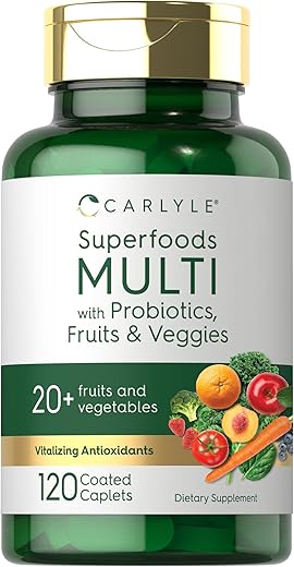 Suplemento de Frutas e Vegetais | 120 Unidades | Multivitamínico Superfood com Probióticos | Feito com 20 Frutas e Vegetais | Não-OGM - Carlyle