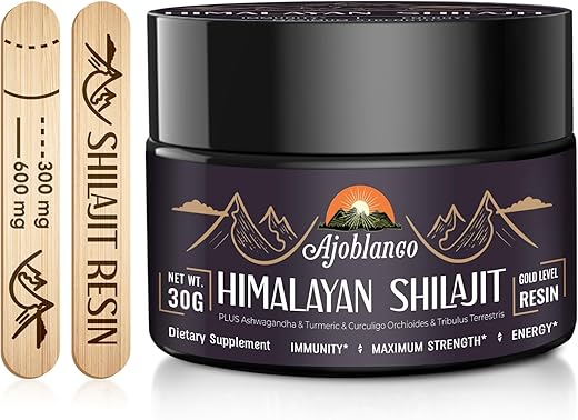 600mg Shilajit Puro do Himalaia – Resina Orgânica de Shilajit com Mistura Ayurvédica em Alta Potência para Energia e Força - Ajoblanco