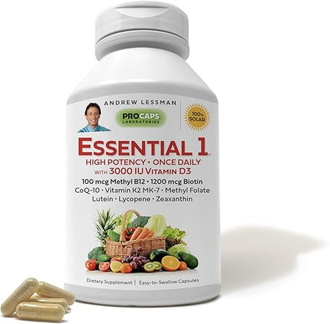 Essential-1 Multivitamina 3000 UI Vitamina D3 180 Cápsulas Pequenas – 100 mcg Metil B12. CoQ10 Luteína Licopeno Zeaxantina. Alta Potência. Sem Aditivos. Suave - ANDREW LESSMAN