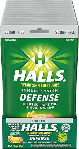 Halls - HALLS Defense Gotas de Vitamina C Sem Açúcar, Cítricas Sortidas, 12 Pacotes de 25 Gotas (300 Gotas no Total)