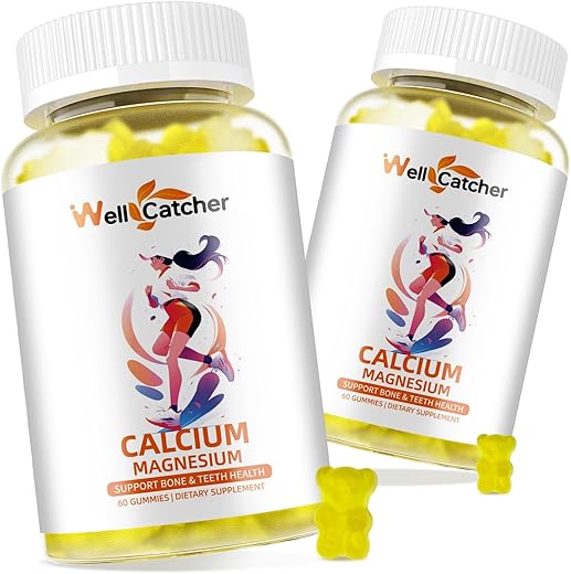 Wellcatcher - Gomas de Cálcio Magnésio com Vitamina D3 K2 Sem Açúcar 600mg Suplemento de Cálcio Magnésio de Algas para Fortalecimento Ósseo e Suporte Imunológico para Crianças Mulheres Homens Veganos Mastigáveis de Limão