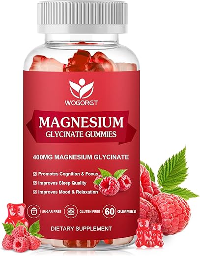 WOGORGT - Gummies de Magnésio Glicinato – 400mg Gummies de Magnésio Glicinato com Vitamina D, B6 e CoQ10, Suplemento de Magnésio para Relaxamento e Cognição, Sem Açúcar – 60 Gummies de Framboesa