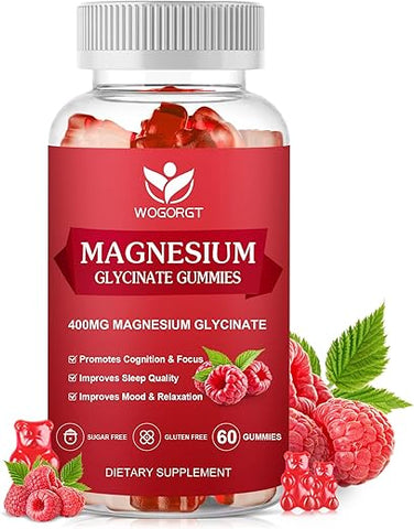 WOGORGT - Gummies de Magnésio Glicinato – 400mg Gummies de Magnésio Glicinato com Vitamina D, B6 e CoQ10, Suplemento de Magnésio para Relaxamento e Cognição, Sem Açúcar – 60 Gummies de Framboesa