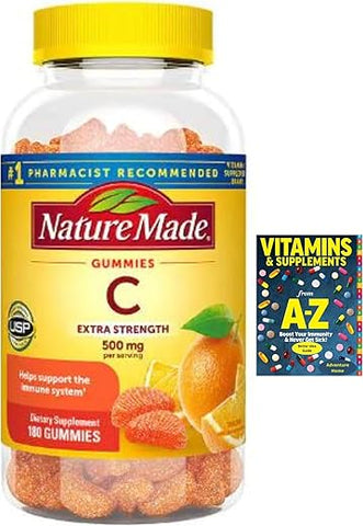 Adventure Home - Nature Made Vitamina C Extra Forte 500 mg, Suplemento Alimentar para Suporte Imunológico, 180 Gomas, Suprimento de 90 Dias Guia Melhor Vitaminas Suplementos Livro Grátis