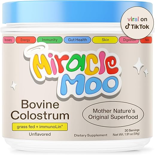 Miracle Moo - Suplemento de Colostro para Saúde Intestinal, Crescimento Capilar, Beleza e Suporte Imunológico – Pó Bovino de Pasto Fácil de Misturar – Maior IgG Plus ImmunoLin, Sem Sabor (30 Porções)
