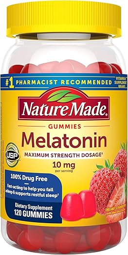 Melatonina 10mg Gomas, Dosagem Máxima, Auxílio para Dormir 100%% Livre de Medicamentos para Adultos, 120 Gomas de Melatonina, Suprimento de 60 Dias - Nature Made