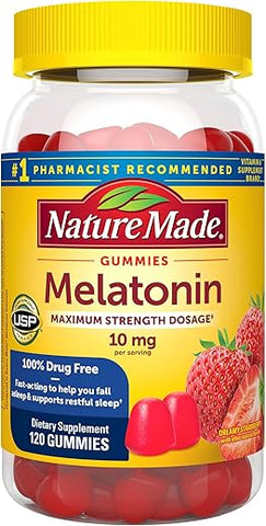 Melatonina 10mg Gomas, Dosagem Máxima, Auxílio para Dormir 100%% Livre de Medicamentos para Adultos, 120 Gomas de Melatonina, Suprimento de 60 Dias - Nature Made