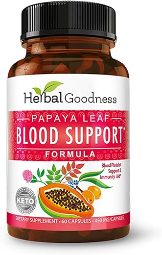 Herbal Papaya - Cápsulas de Suporte Sanguíneo de Folha de Mamão – Plaquetas, Medula Óssea, Suporte Imunológico – Remédio Herbal 60/450mg Cápsulas Vegetais – Herbal Goodness