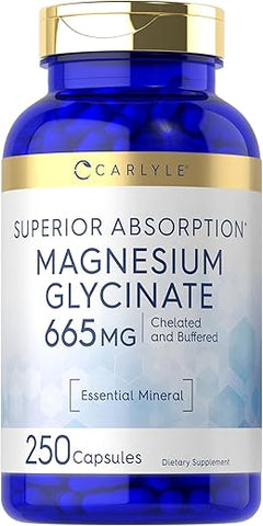 Magnesium Glycinate | 665 mg | 250 Cápsulas | Fórmula Livre de Transgênicos e Glúten | Suplemento Mineral Essencial Amortecido - Carlyle
