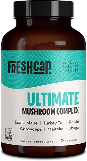 FreshCap Mushrooms - FreshCap Ultimate Mushroom Complex – Lions Mane, Reishi, Cordyceps, Chaga, Turkey Tail, Maitake – Suporte Imunológico – 60 cápsulas