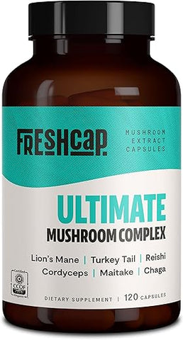 FreshCap Mushrooms - FreshCap Ultimate Mushroom Complex – Lions Mane, Reishi, Cordyceps, Chaga, Turkey Tail, Maitake – Suporte Imunológico – 60 cápsulas