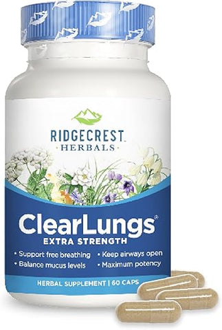 ClearLungs Extra Strength – Fórmula Natural para Saúde Pulmonar, Nasal, Brônquica, Respiratória, Sinusal e Suporte de Muco (60 Cáps, 30 Serv) - RidgeCrest Herbals