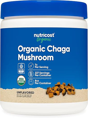 Pó de Cogumelo Chaga Orgânico 100%% 8oz (227 Porções) – Certificado Orgânico USDA, Livre de Glúten - Nutricost