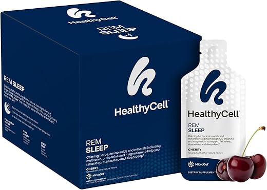 REM Sleep – Suplemento líquido em gel de força extra para auxiliar o sono em adultos – Durma profundamente com melatonina e melissa – 30 pacotes em gel - Healthycell