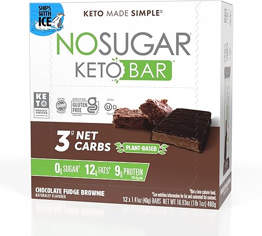 No Sugar Company - Barra de Snack Keto Sem Açúcar, Brownie de Fudge, 12 x 40g – Lanche Keto Low Carb Sem Açúcar com Macros Amigáveis ao Keto, 3g de Carboidratos Líquidos, 9g de Proteína Vegetal, 13g de Gordura Saudável