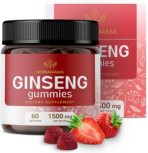 Gomas de Ginseng Vermelho Coreano – 1500 mg Raiz de Ginseng Panax Vermelho Suplemento Energético – Ginseng para Homens e Mulheres – Vegano, Sem Gelatina, Não-OGM – 60 g - HERBAMAMA