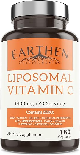 EARTHEN supplements - EARTHEN Liposomal Vitamina C | Ingredientes Orgânicos | 1400MG Por Porção | 180 Cápsulas – 90 Porções | Não OGM | Solúvel em Gordura – Alta Absorção Antioxidante