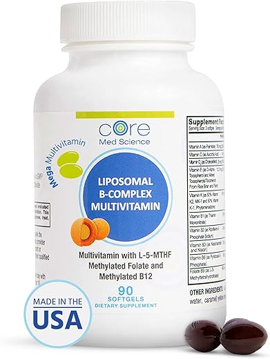 Liposomal Methylated Multivitamin B-Complex by Core Med Science – 90 Softgels – Super B Complex Vitamin for Heart Health – VIT Methyl B Complex Immune – Non-GMO
