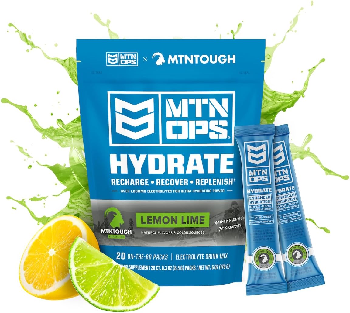 Hydrate Pó de Eletrólitos – Bebida de Eletrólitos em Pó, 20 Pacotes Individuais para Levar, com Mais de 1000mg de Eletrólitos por Porção, Sabor Limão-Lima - MTN OPS