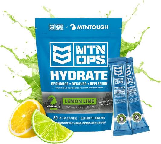 Hydrate Pó de Eletrólitos – Bebida de Eletrólitos em Pó, 20 Pacotes Individuais para Levar, com Mais de 1000mg de Eletrólitos por Porção, Sabor Limão-Lima - MTN OPS