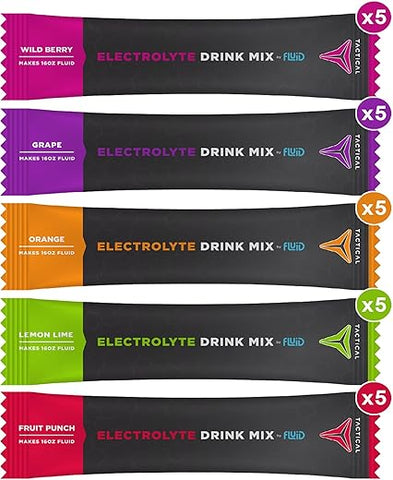 Pacotes de Pó de Eletrólitos, Acelere a Re-Hidratação, Baixo Açúcar, Mistura de Bebida de Eletrólitos, Previna a Desidratação, Elimine Cãibras (Pacote Variado) - Fluid Tactical